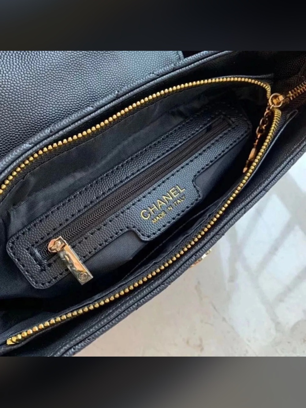 GWP CHANEL Black Quilted Leather Shoulder Bag with Gold Lettering Strap. - Picture 7 of 7